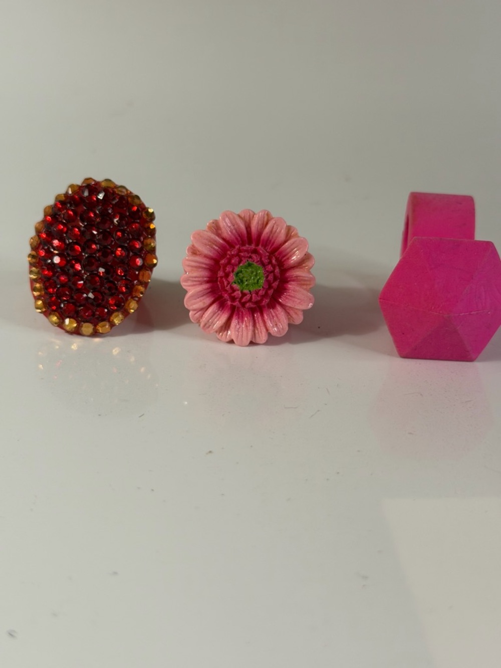 Pink Floral & Red Crystal and rubber diamond Fashion Ring Set - Unbranded